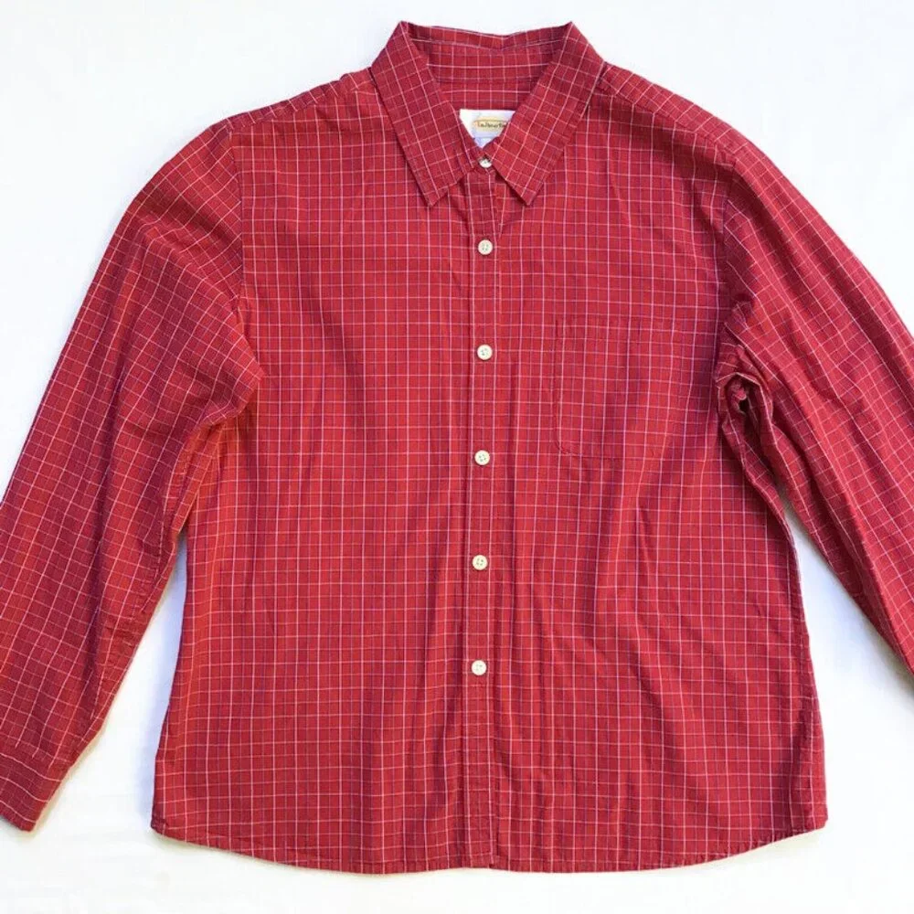 Talbots Button Down Shirt Womens Sz Medium Thin Line Plaid Red Blue 100% Cotton - Picture 2 of 8